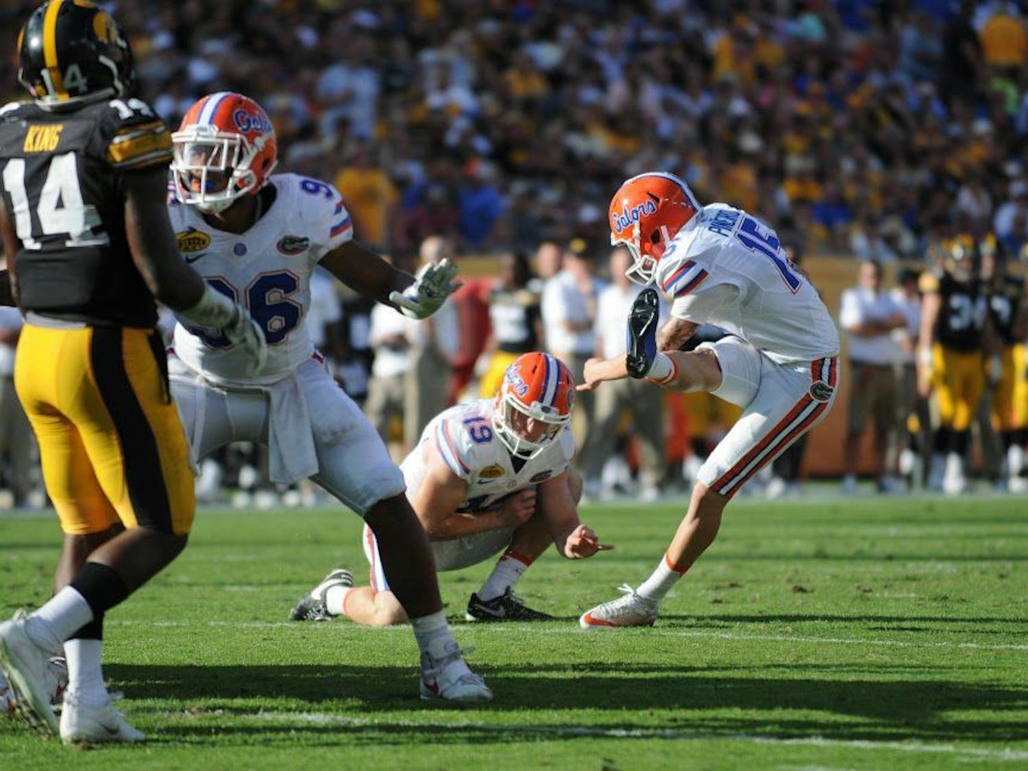Florida kicker Eddy Pineiro attempts a field goal during UF's 30-3 win over Iowa in the Outback Bowl Monday at Raymond James Stadium. 