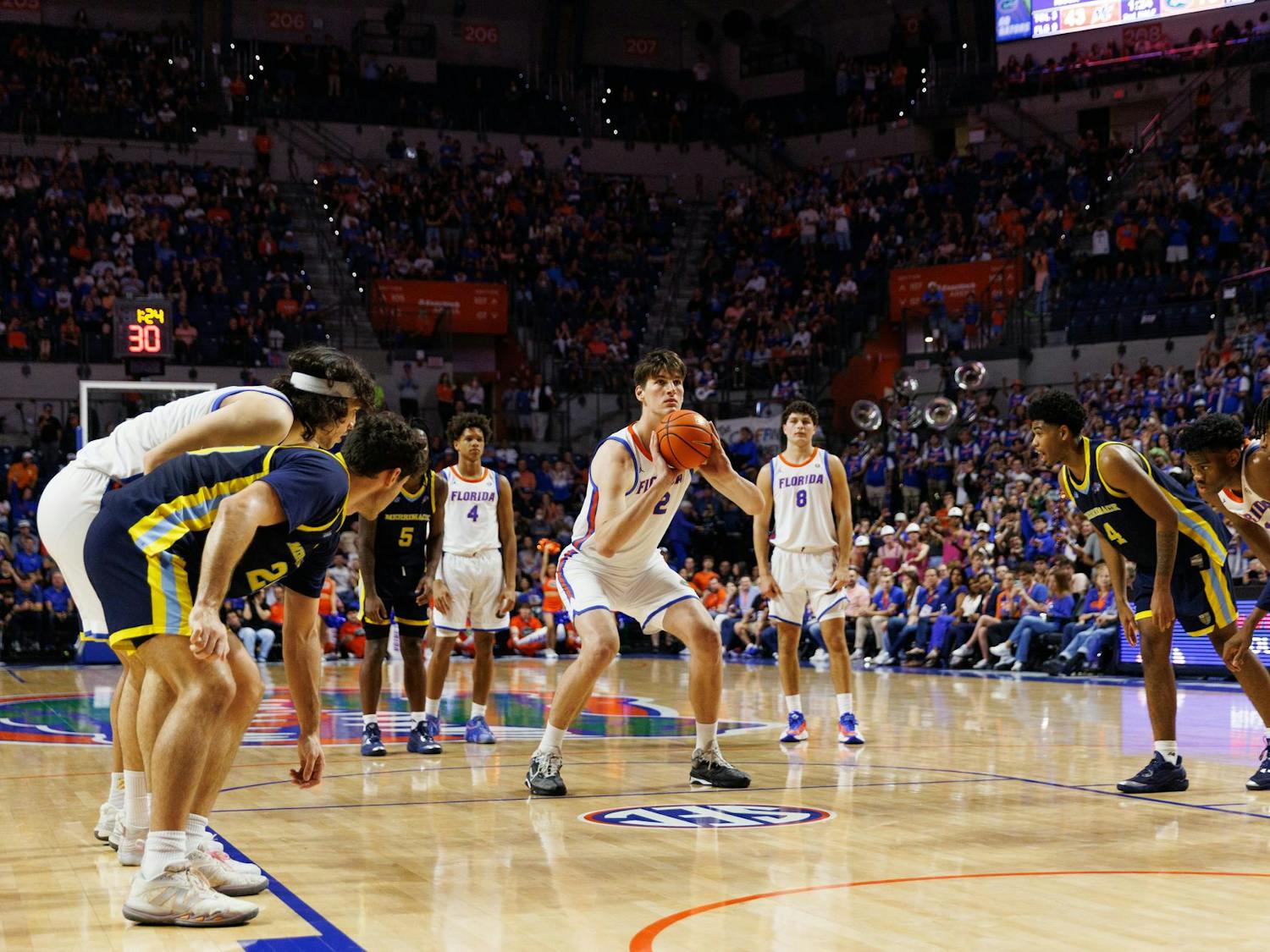 Florida Gators center Olivier Rioux (32) takes a free throw during the second half of a NCAA college basketball game against Merrimack, Friday, Nov. 21, 2025, in Gainesville, Fla.