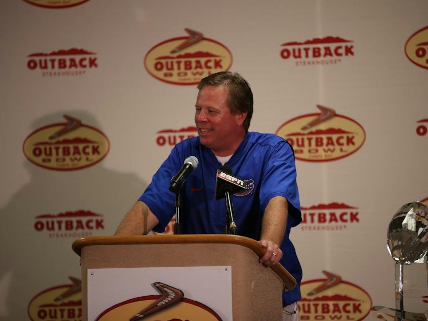 UF coach Jim McElwain smiles during a press conference after Florida's 30-3 win over Iowa in the Outback Bowl on Jan. 2, 2017, at Raymond James Stadium in Tampa.&nbsp;
