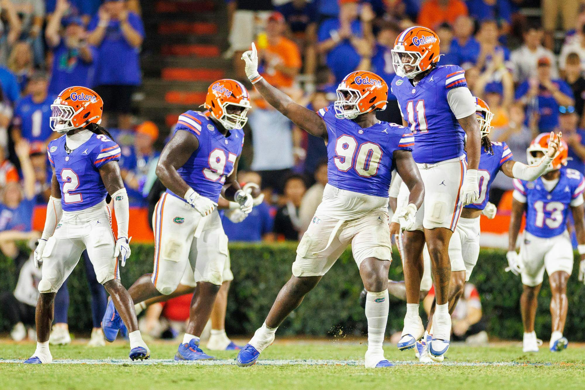 Florida defensive lineman Brendan Bett (90) wags his finger at the FAU bench, during the second half of an NCAA college football game, Saturday, Sept. 5, 2026, in Gainesville, Fla.