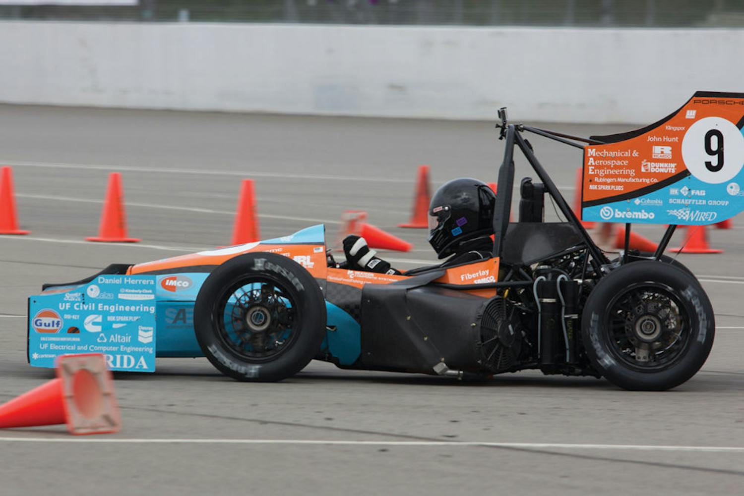 In this May 15, 2015, photo, 20-year-old UF mechanical engineering junior Ben Boulch pilots the F15 car on the Michigan International Speedway in Brooklyn, Michigan, during the 2015 SAE competition.