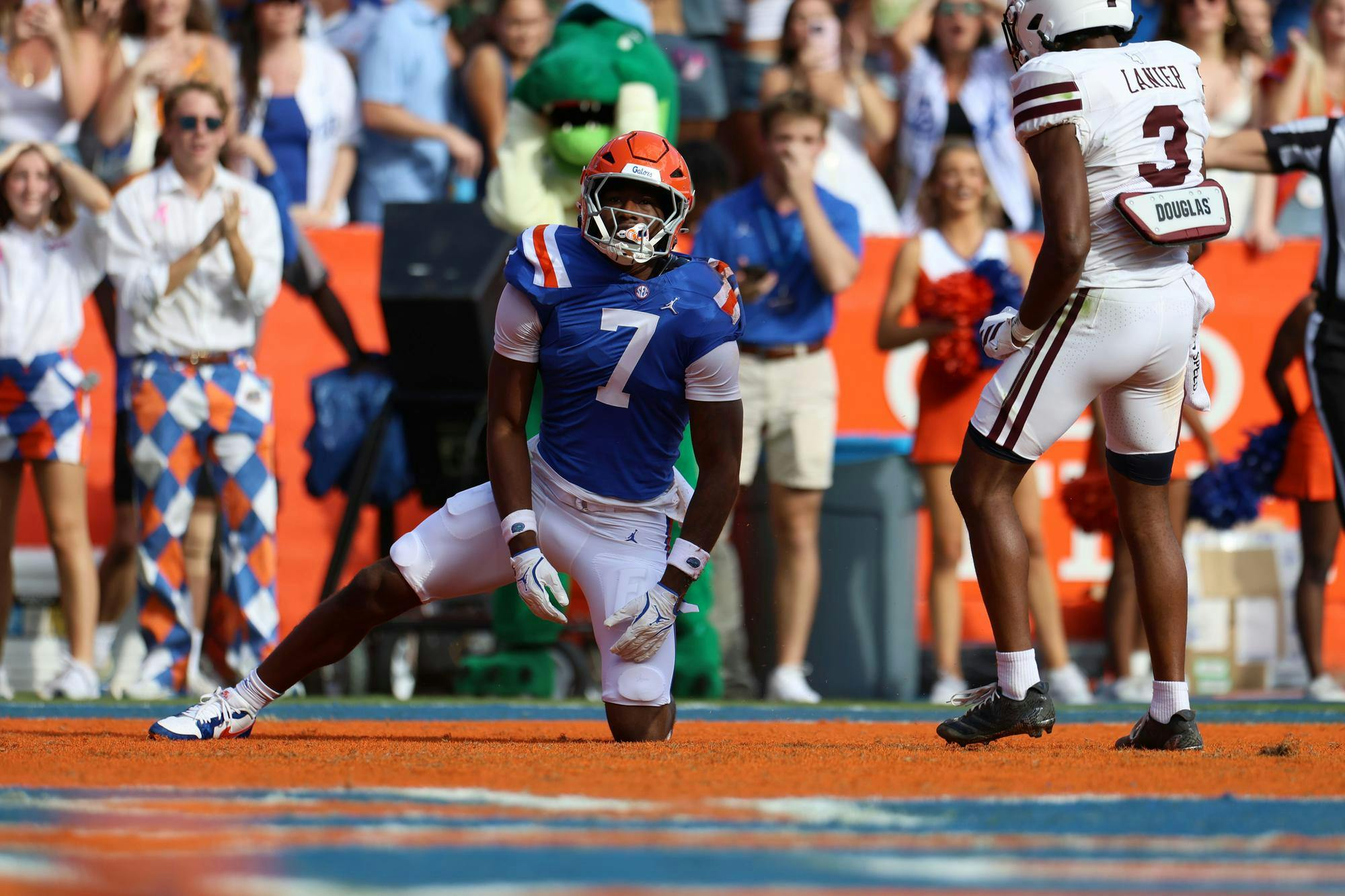 University of Florida tight end Amir Jackson (7) reacts to missing a pass in the endzone during the Gators game against the Bulldogs at Ben Hill Griffin Stadium in Gainesville, Fla., Saturday, Oct. 18, 2025.