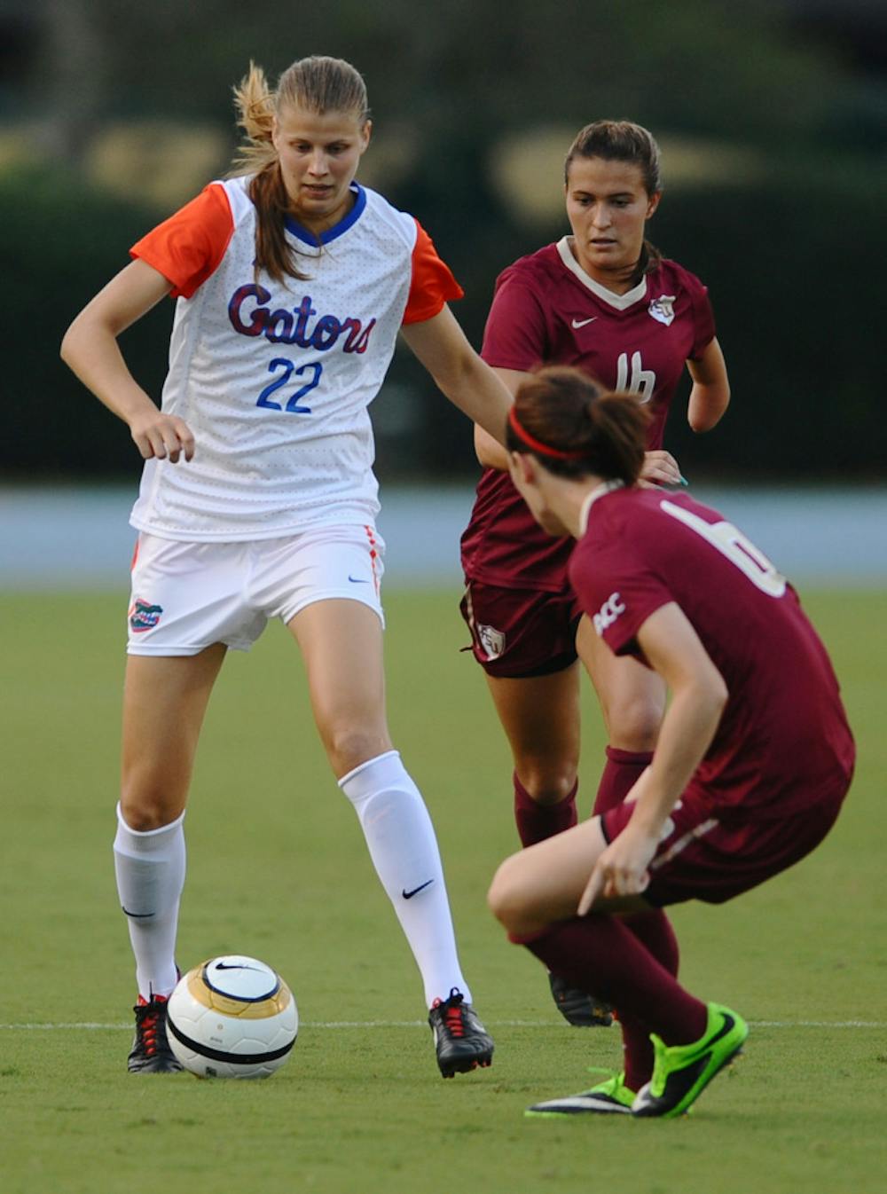 <p>Freshman midfielder Pamela Begic (left) dribbles during Florida’s 3-0 loss to Florida State on Aug. 31 at James G. Pressly Stadium.</p>