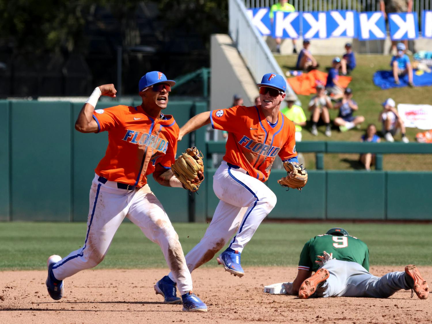UF junior shortstop Josh Rivera celebrates turning a double play to end the top of the eighth inning of No. 6 Florida’s 14-4 mercy-rule win against the No. 22 Miami Hurricanes at Condron Ballpark Sunday, March 5, 2023.