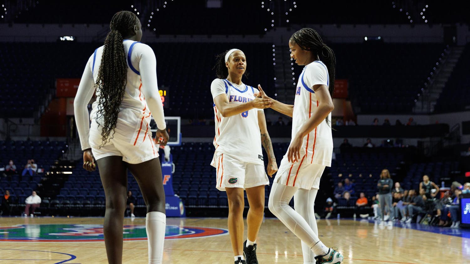 Florida guard/forward Me'Arah O'Neal (8) celebrates with Florida guard Laila Reynolds (13) during the second half of a NCAA college basketball game against Jacksonville, Monday, Nov. 10, 2025, in Gainesville, Fla.