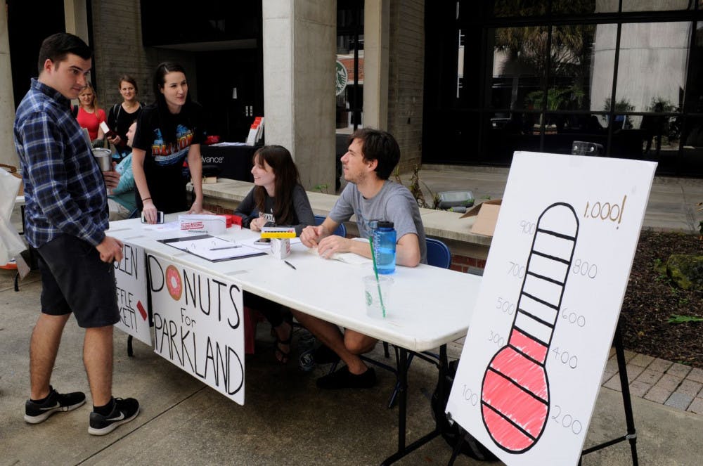 Organizations in the Levin College of Law are creating cards and raising money for victims of the Parkland Shooting through selling donuts. Sheyla Marimon, 24, second-year law student and Andres Perotti, 24, second-year law student are working to garner support. They had reached $400 of the $1000 goal at the time that this photo was taken.
&nbsp;