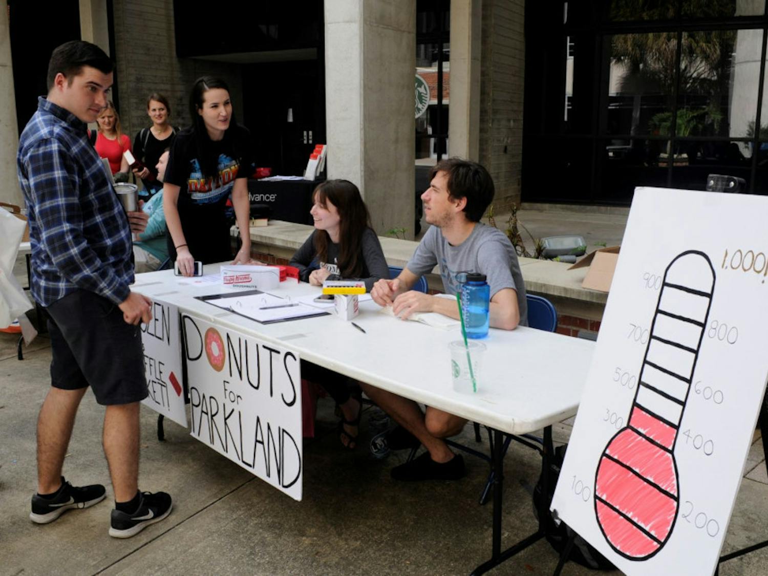 Organizations in the Levin College of Law are creating cards and raising money for victims of the Parkland Shooting through selling donuts. Sheyla Marimon, 24, second-year law student and Andres Perotti, 24, second-year law student are working to garner support. They had reached $400 of the $1000 goal at the time that this photo was taken.
&nbsp;