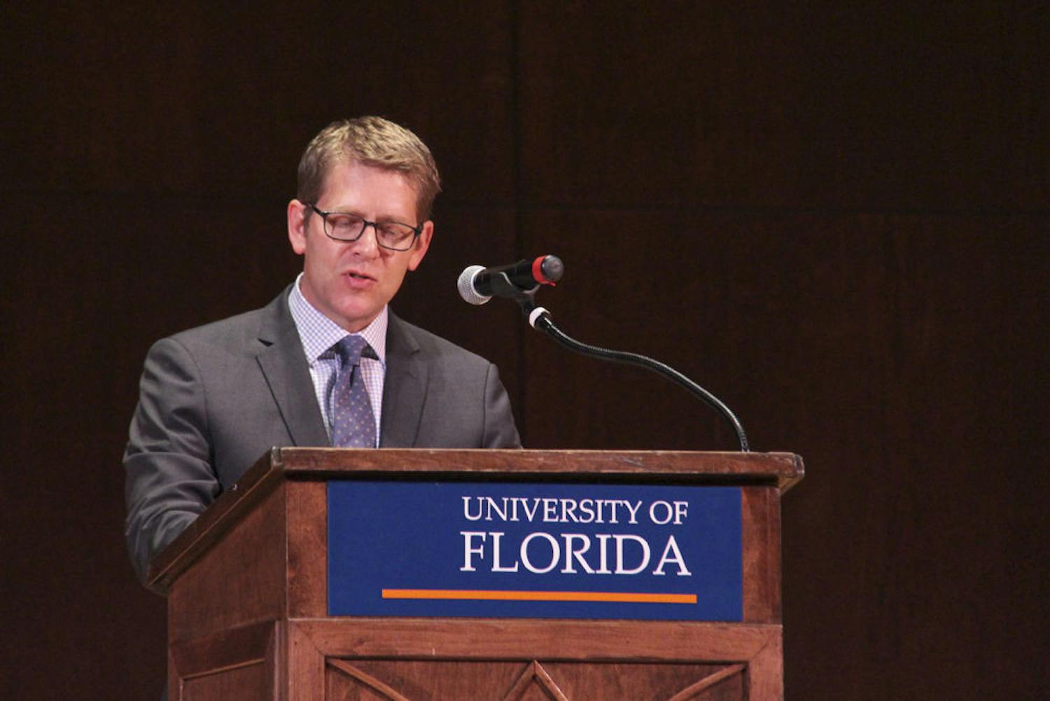 Former White House Press Secretary Jay Carney speaks as a part of the UF Accent Speaker’s Bureau at the University Auditorium on Monday night.