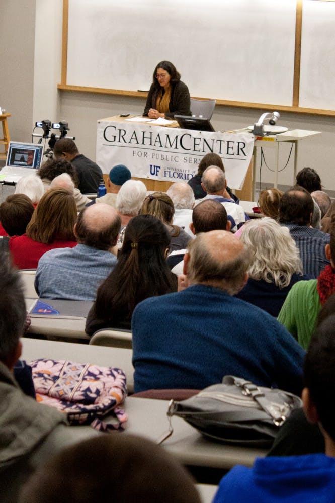 A crowd of people gather at the MacKay Auditorium to hear Amira
Hass, an award-winning Israeli journalist, speak about the
Israeli-Palestinian conflict Monday night.
