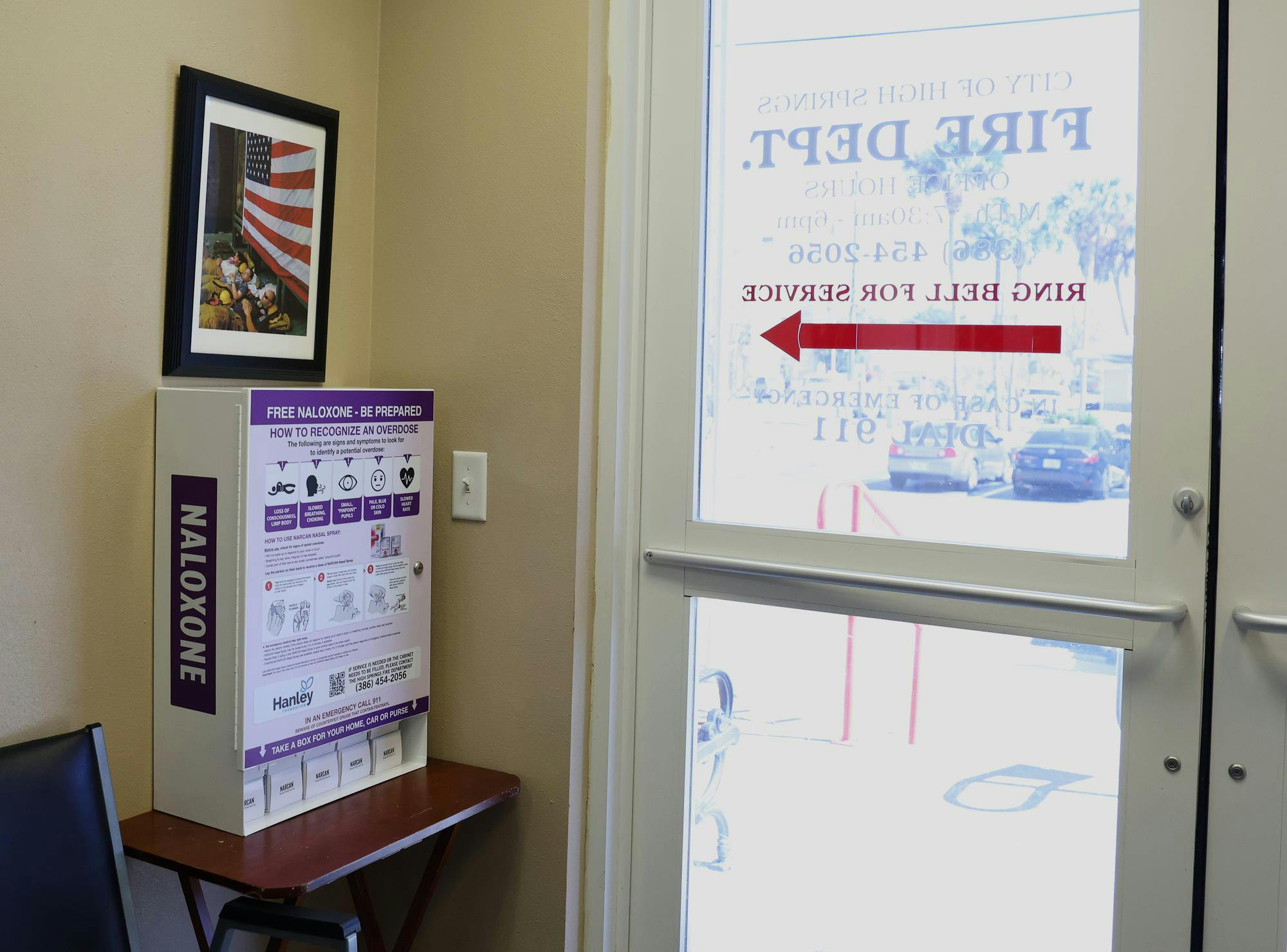 Free Naloxone (Narcan) box inside of entry to The City of High Springs Fire Department  located at 218586 NW 238th St., in High Springs, Fla., on Tuesday, Feb. 10, 2026. 