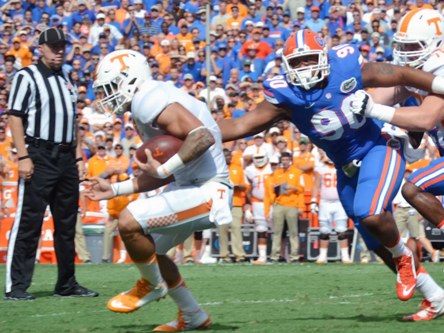 UF defensive lineman Jon Bullard (90) goes for a tackle during Florida's 28-27 win against Tennessee on Sept. 26, 2015, at Ben Hill Griffin Stadium.