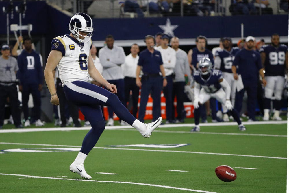 <p>FILE - In this Dec. 15, 2019 file photo Los Angeles Rams punter Johnny Hekker kicks an onside kick during an NFL football game against the Dallas Cowboys in Arlington, Texas. The NFL is considering adding a “booth umpire” and a senior technology advisor to the referee to assist the officiating crew. The league also is looking at other rules changes, including an alternative to the onside kick. NFL clubs received a list of potential rules changes on Thursday, May 21, 2020. (AP Photo/Roger Steinman, file)</p>