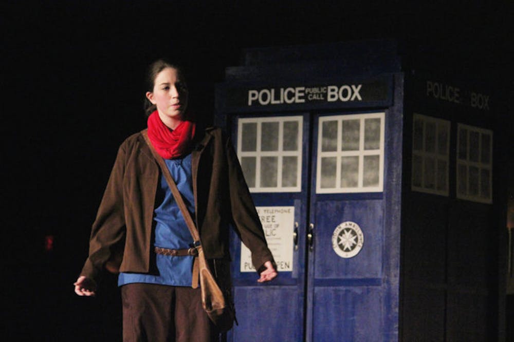 <p class="p1"><span class="s1">Merlin, played by 21-year-old UF anthropology senior Ashley Egelie, joins the Doctor and his companion, Clara (not pictured), in the opening number of “Whosical the Musical.”</span></p>