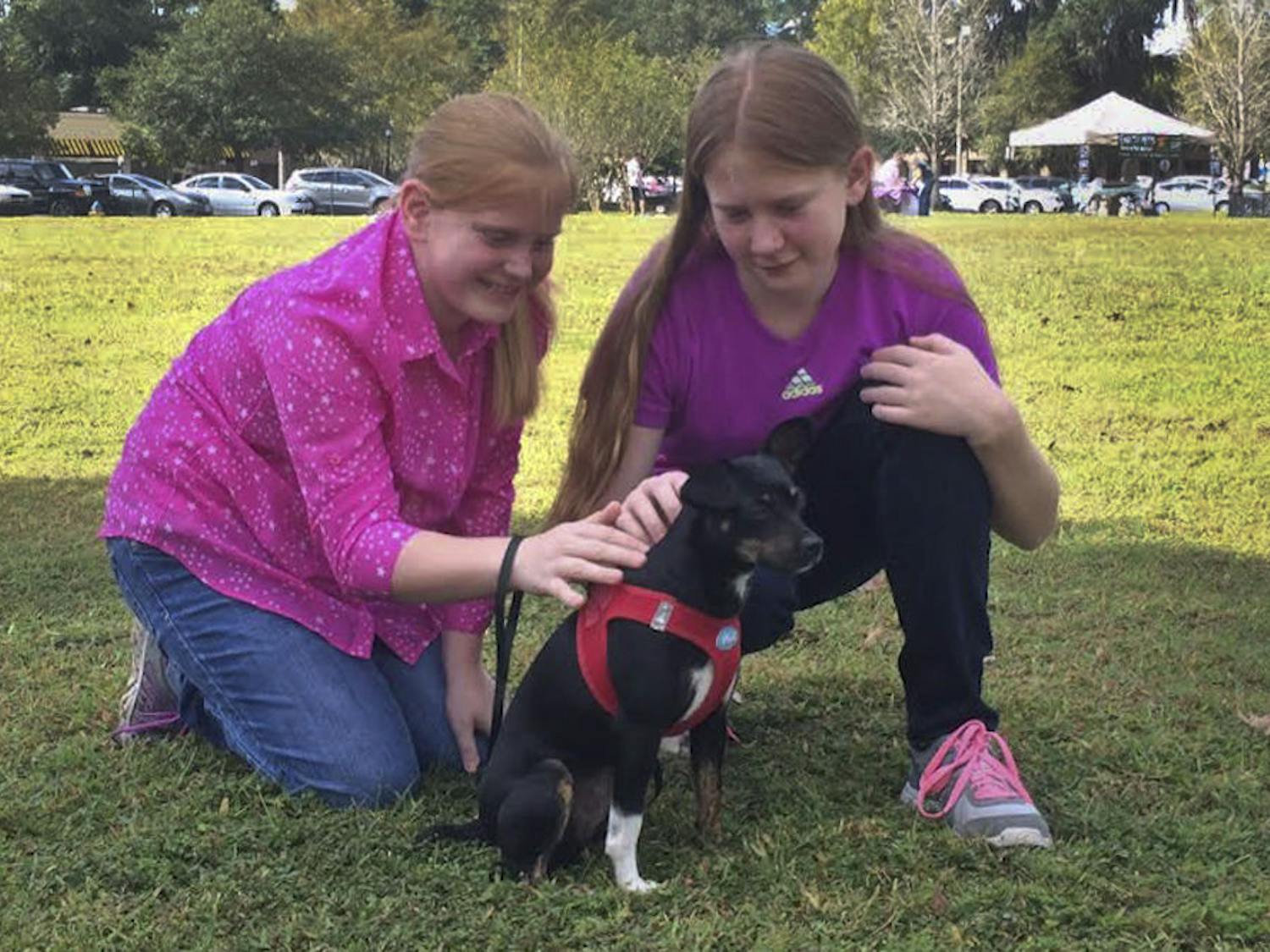 Holly Buss, 9, and Heather Buss, 11, pet Slinky, an almost 2-year-old miniature pinscher and rat terrier mix at the Paws on Parole event on Oct. 24, 2015. Their family was considering adopting the rescue dog, who would be the household’s first.