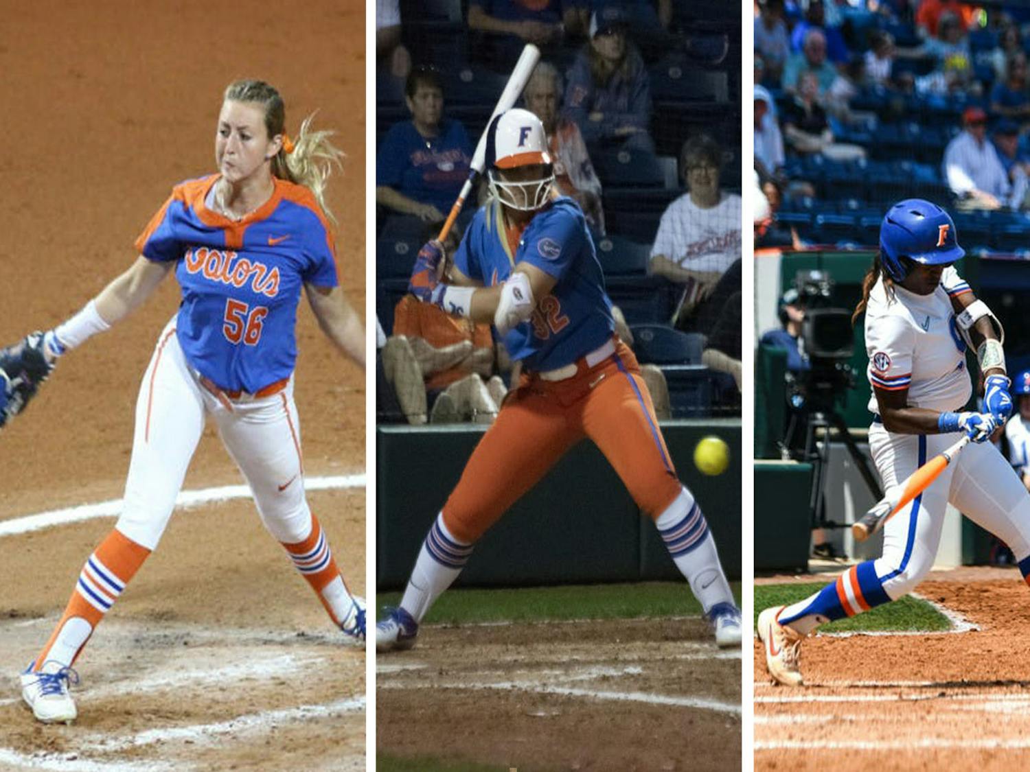 Seniors Katie Chronister (left), Kendyl Lindaman (center) and Jaimie Hoover (right) all return to the mound after the team’s promising spring season was cut short due to COVID-19.