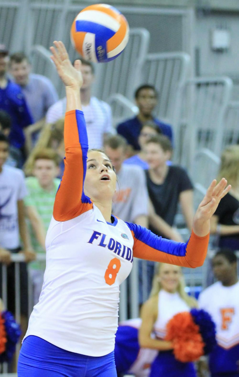 <p align="justify">Taylor Brauneis reaches for the ball during a 3-0 victory against Missouri on Sept. 21 in the O’Connell Center.</p>