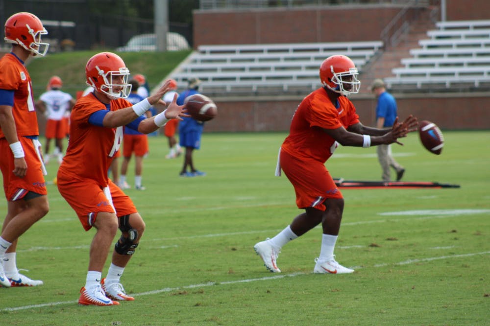 Coach Jim McElwain has yet to make clear which of his top three QBs — &nbsp;Luke Del Rio (left), Malik Zaire (right) and Feleipe Franks — will start.
&nbsp;