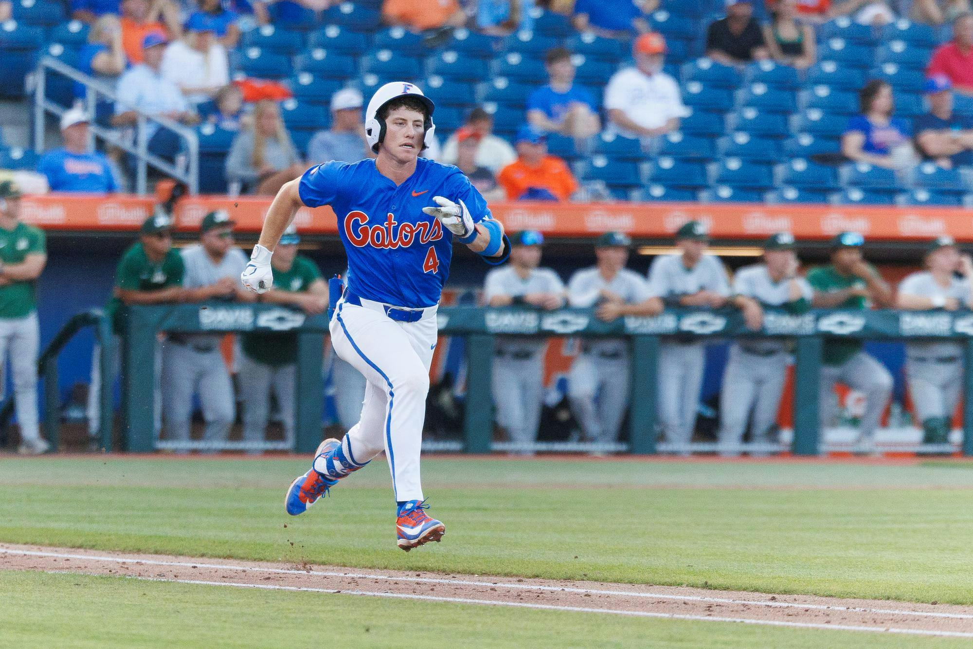 Florida infielder Cade Kurland (4) runs to first base during an NCAA baseball game against Jacksonville University, Tuesday, March 31, 2026, in Gainesville, Fla.