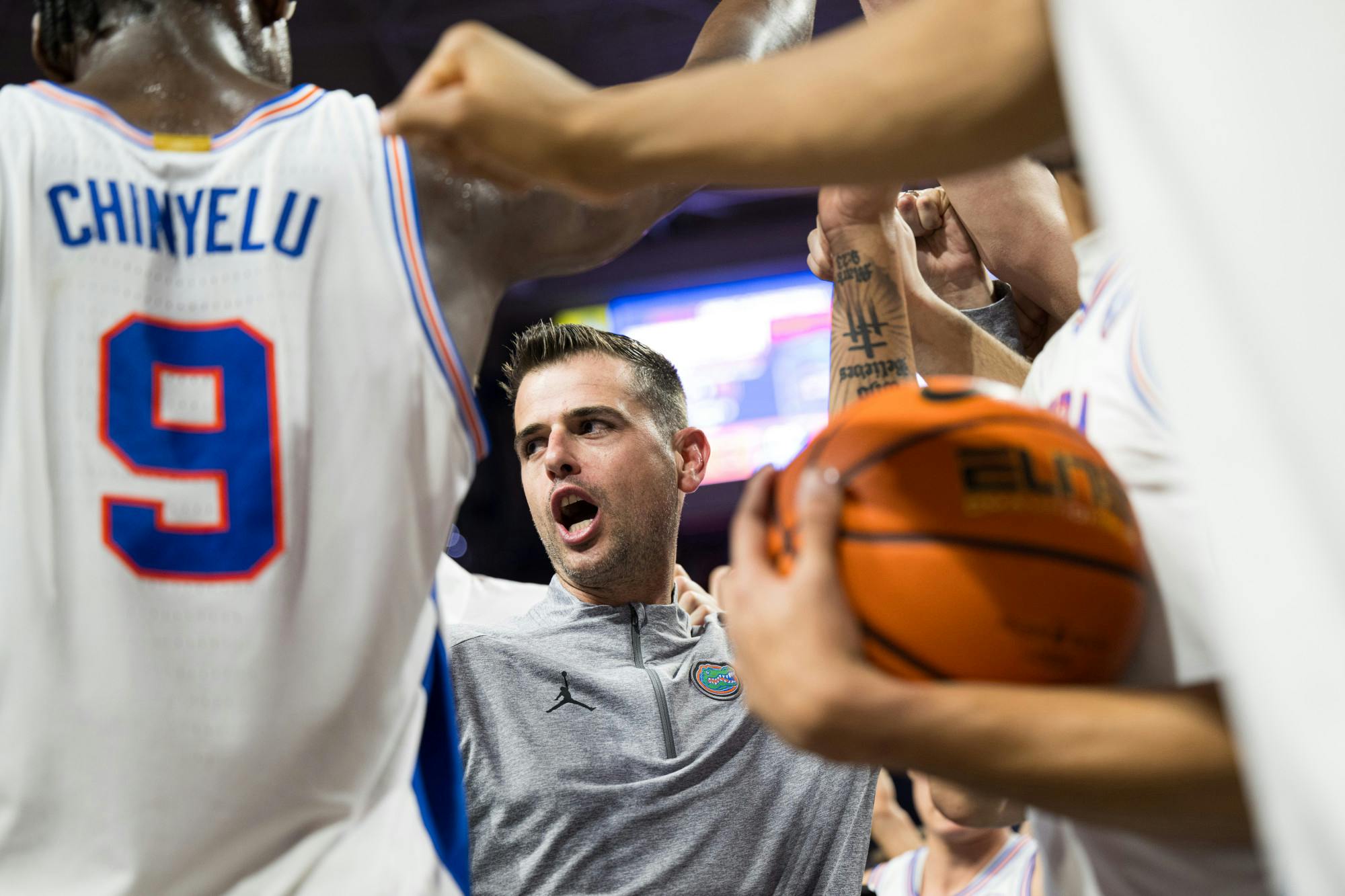 Florida Gators Head Coach Todd Golden during a post-game team huddle after a basketball game against South Carolina at the Exactech Arena in the Stephen C. O’Connell Center on Saturday, Feb. 15, 2025.