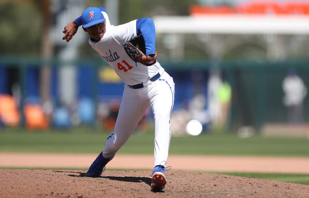 <p>Florida relieving pitcher Blake Purnell winds up a pitch Saturday afternoon in a monumental series win over No. 2 Arkansas.</p>