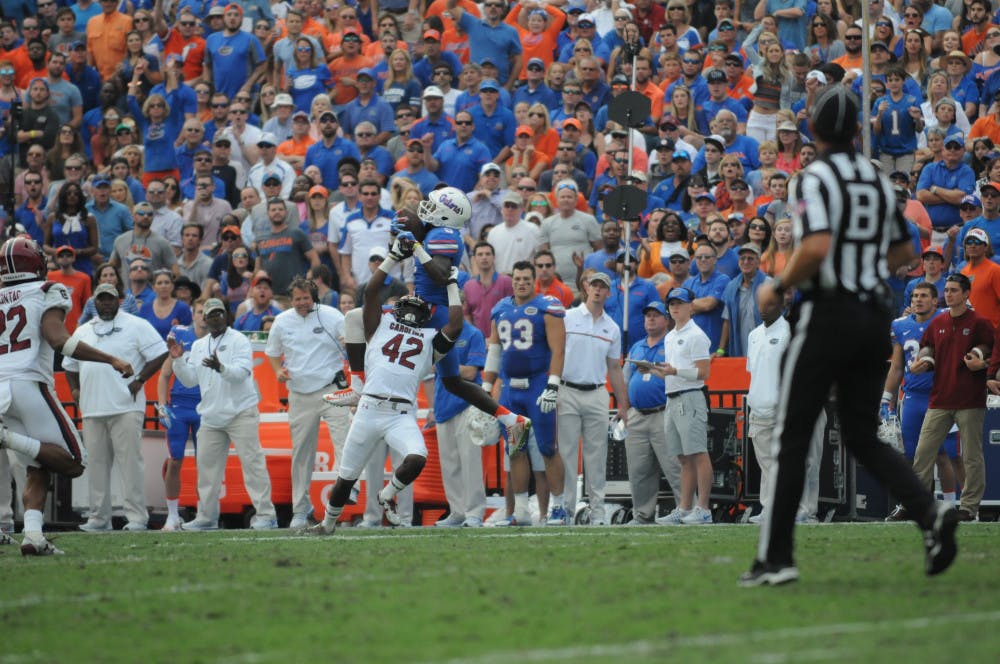 Ahmad Fulwood jumps to make a catch during Florida's 20-7 win over South Carolina on Nov. 12, 2016, at Ben Hill Griffin Stadium.