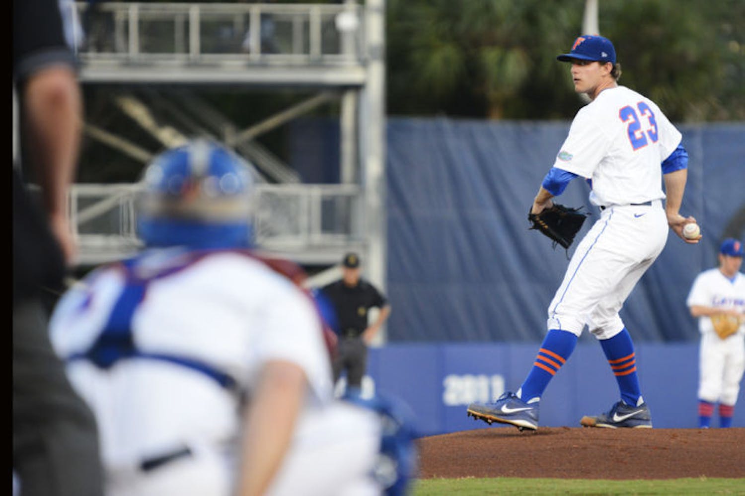 Junior starting pitcher Jonathon Crawford warms up on the mound during Florida’s 3-2 victory against South Carolina on April 11 at McKethan Stadium. Crawford gave up four runs in four innings against Auburn on Friday.