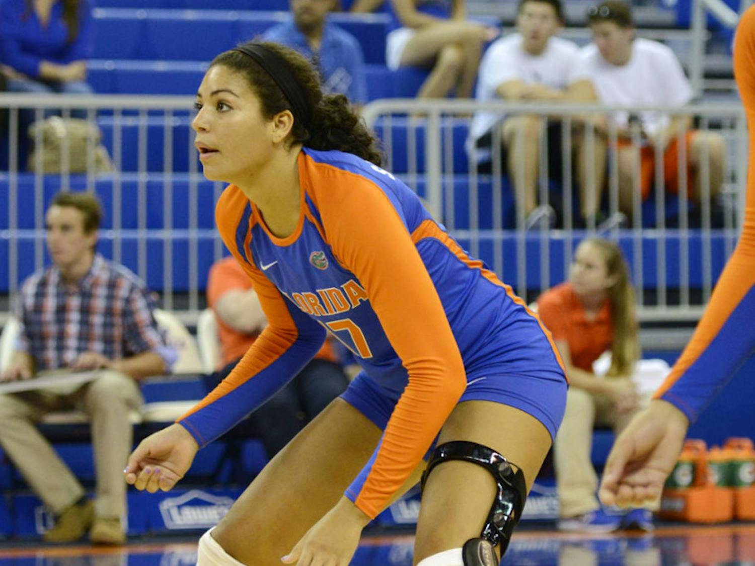 Sophomore Noami Santos-Lamb gets in position during Florida’s 3-0 victory against New Orleans on Aug. 30 in the O’Connell Center.