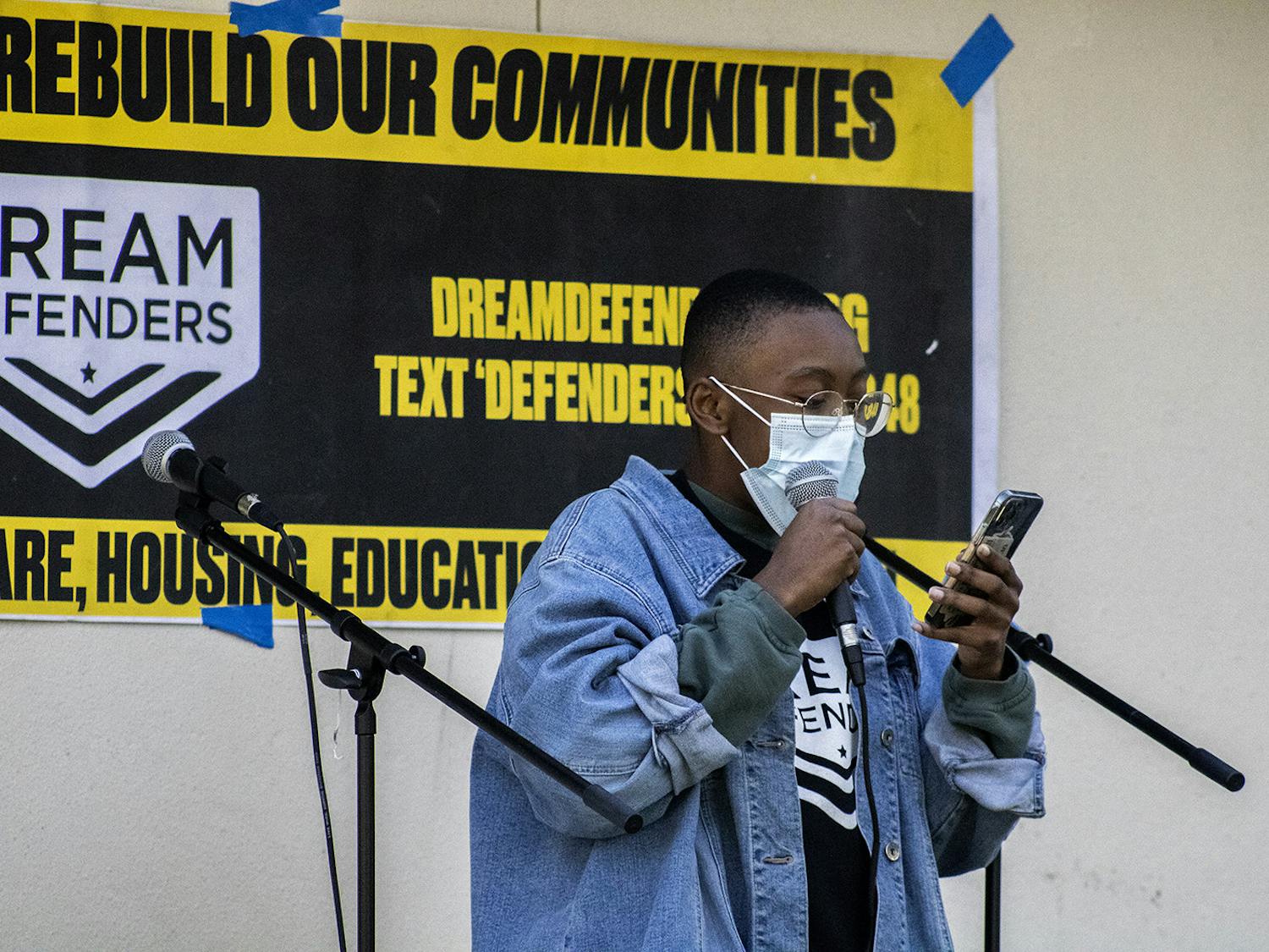 Dayanna Peek, a UF international studies freshman, speaks at a GoDDsville Dream Defenders event bringing awareness to Florida House Bill 1 on Friday, April 2, 2021.