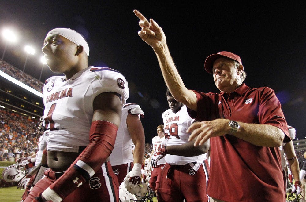 South Carolina coach Steve Spurrier points to fans as he walks off the field after South Carolina's 42-35 loss to Auburn on Oct. 25 in Auburn, Alabama.