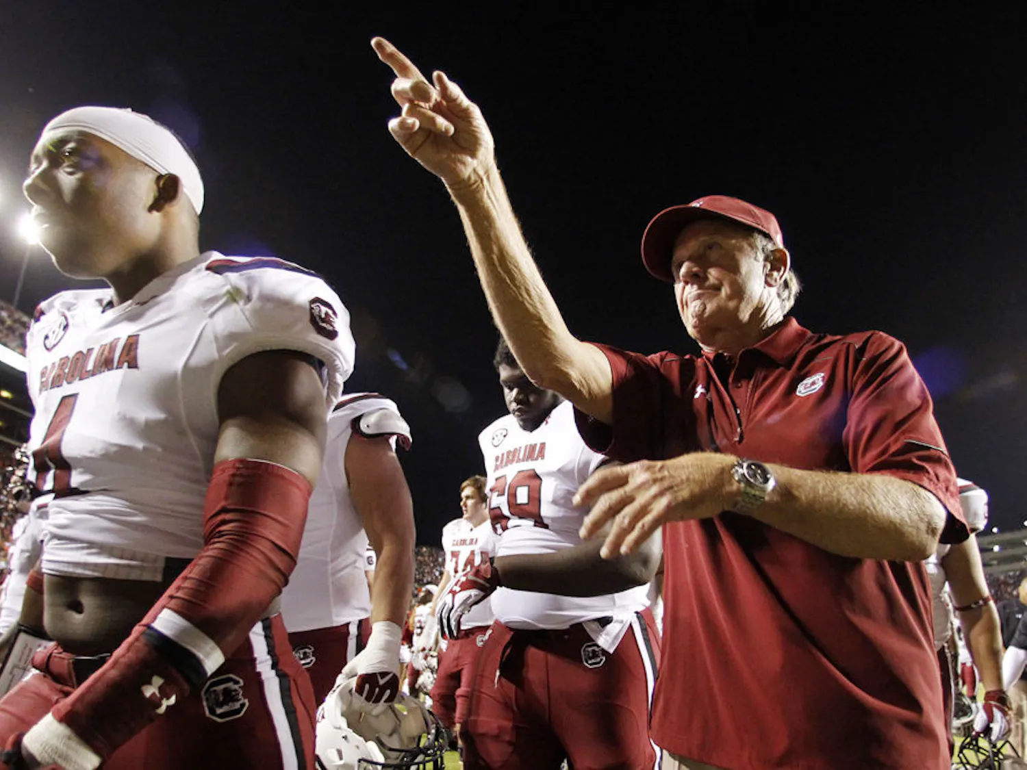 South Carolina coach Steve Spurrier points to fans as he walks off the field after South Carolina's 42-35 loss to Auburn on Oct. 25 in Auburn, Alabama.