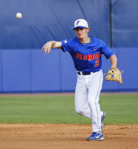 Sophomore second baseman Casey Turgeon throws the ball to first base during Florida’s 4-2 win against Florida Gulf Coast on Mar. 9, 2012, at McKethan Stadium. Turgeon had four hits and three RBI during a&nbsp;6-4 victory against Indiana on Saturday.
