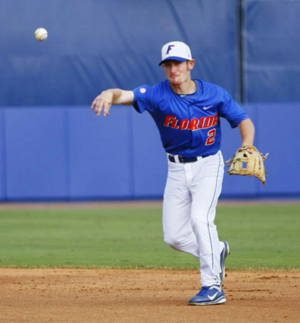 <p><span>Sophomore second baseman Casey Turgeon throws the ball to first base during Florida’s 4-2 win against Florida Gulf Coast on Mar. 9, 2012, at McKethan Stadium. Turgeon had four hits and three RBI during a&nbsp;6-4 victory against Indiana on Saturday.</span></p>
<div><span><br /></span></div>
