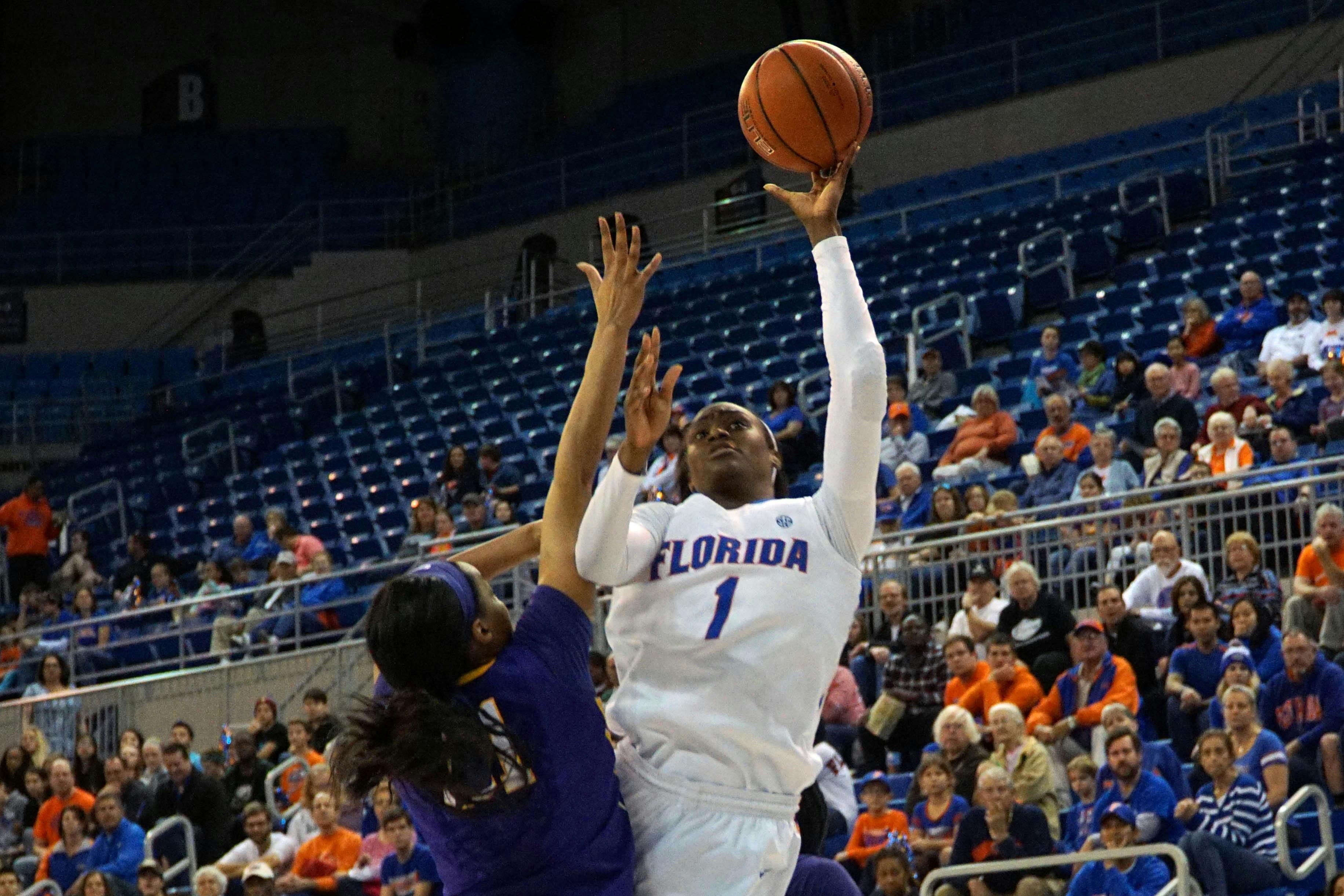 UF forward Ronni Williams goes for a layup during Florida's 53-45 win against LSU on Jan. 17, 2016, in the O'Connell Center.