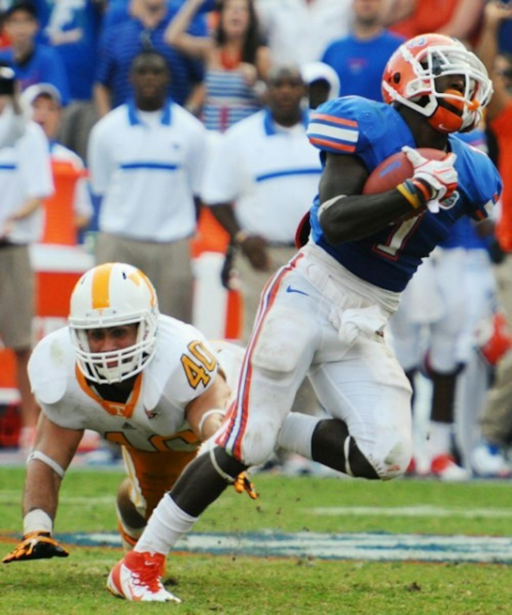 <p>Gators running back Chris Rainey had more than 100 yards rushing and receiving on Saturday. He was named the nation’s offensive player of the week on Sunday.</p>