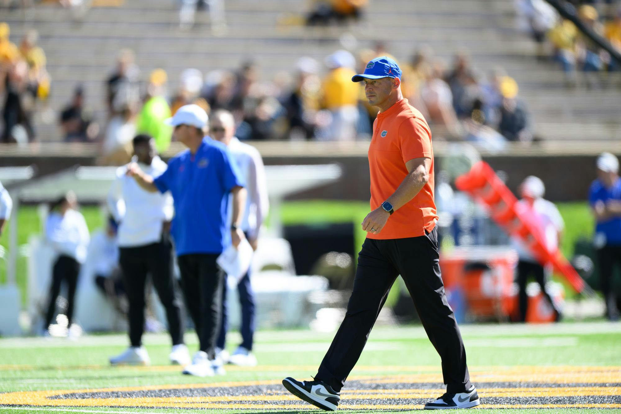 Florida head coach Jon Sumrall walks the field before an NCAA college football game against Missouri, Saturday, Oct. 3, 2026, in Columbia, Mo.