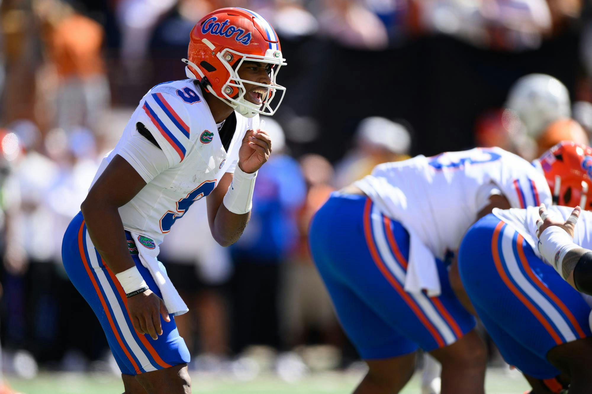 Florida quarterback Tramell Jones Jr. (9) yells a call during the first half of an NCAA college football game against Texas, Friday, Oct. 16, 2026, in Austin, Texas.