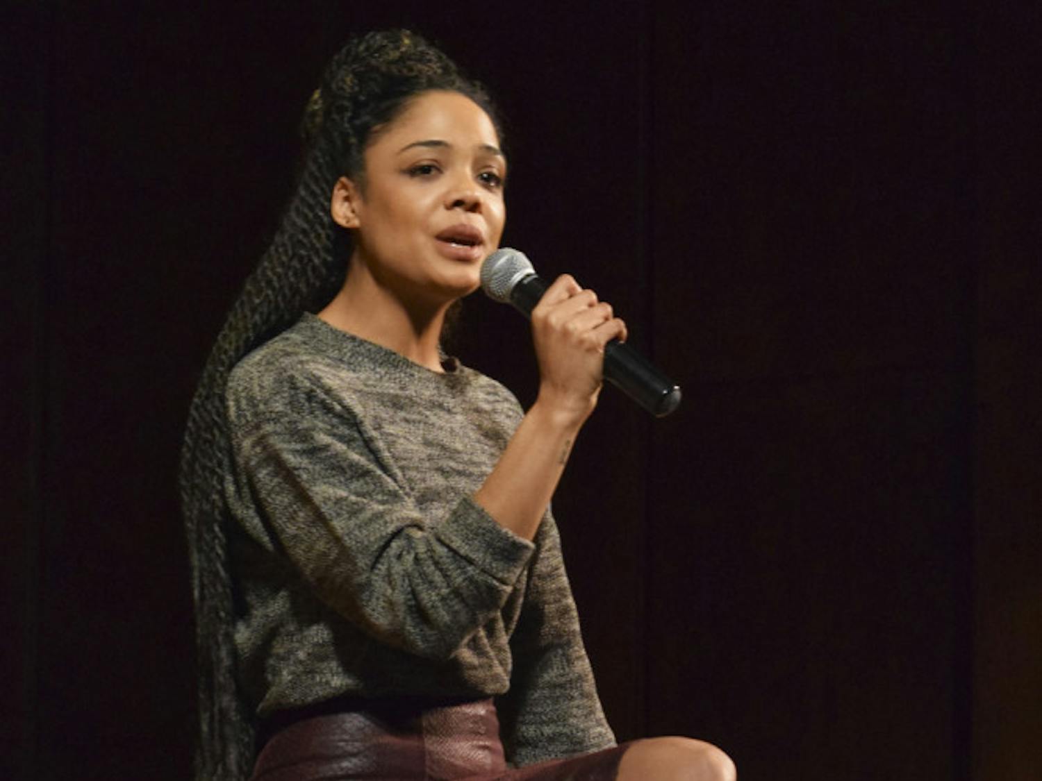 Tessa Thompson, keynote speaker for the 2015 Martin Luther King Jr. celebration events, takes questions from the audience at the University Auditorium on Wednesday night. Thompson is an American actress known for her most recent role in “Selma.”