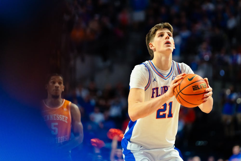 <p>UF basketball player Alex Condon (21) pictured during the game against the Tennessee Volunteers on Jan. 7, 2025.</p>