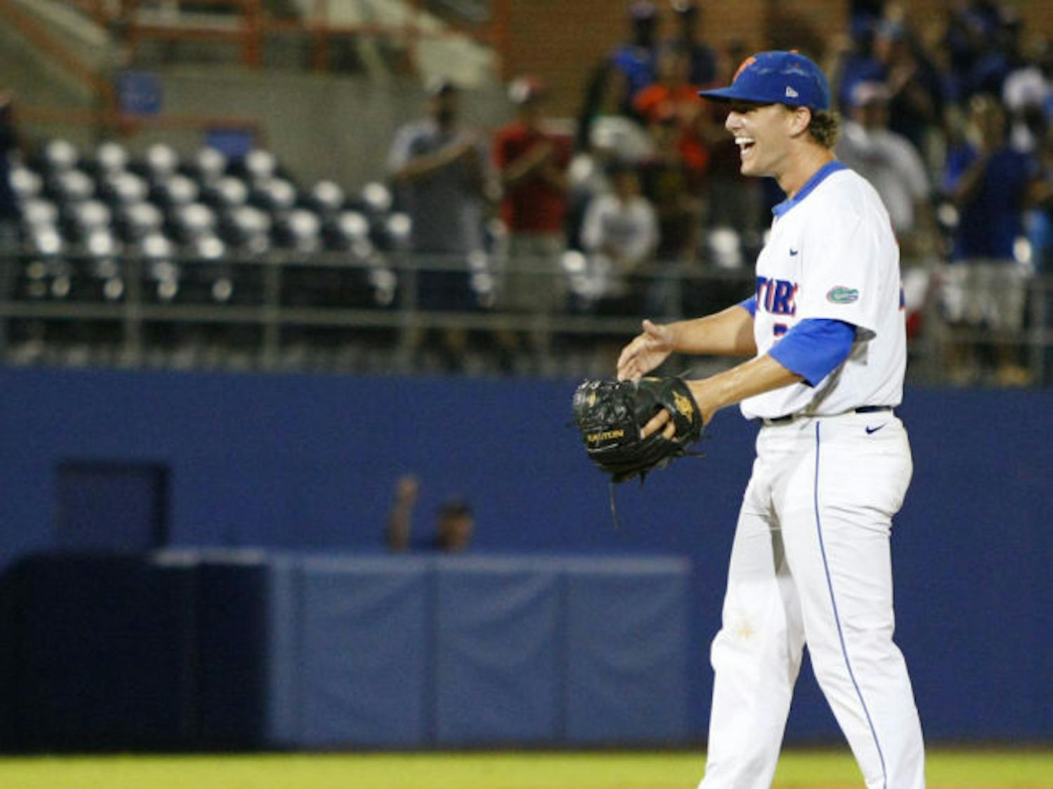 Jonathon Crawford celebrates after pitching a no-hitter against Bethune-Cookman on June 1 at McKethan Stadium.
