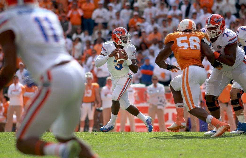 Freshman quarterback Treon Harris looks to pass the ball during the fourth quarter of Florida's 10-9 victory against Tennessee on Saturday at Neyland Stadium in Knoxville.