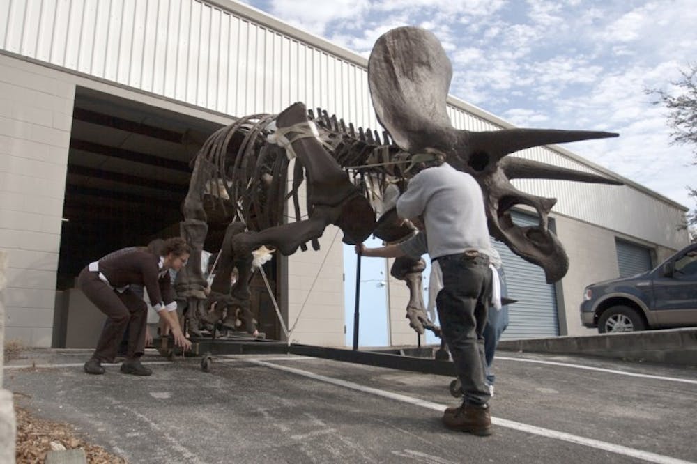 <p>A triceratops skeleton cast is transported from storage onto a flatbed truck to be taken to the Florida Museum of Natural History on Monday. The dinosaur model will join 29 fossils, 19 color prints and five murals in the museum's new "Cruisin' the Fossil Freeway" exhibit.</p>