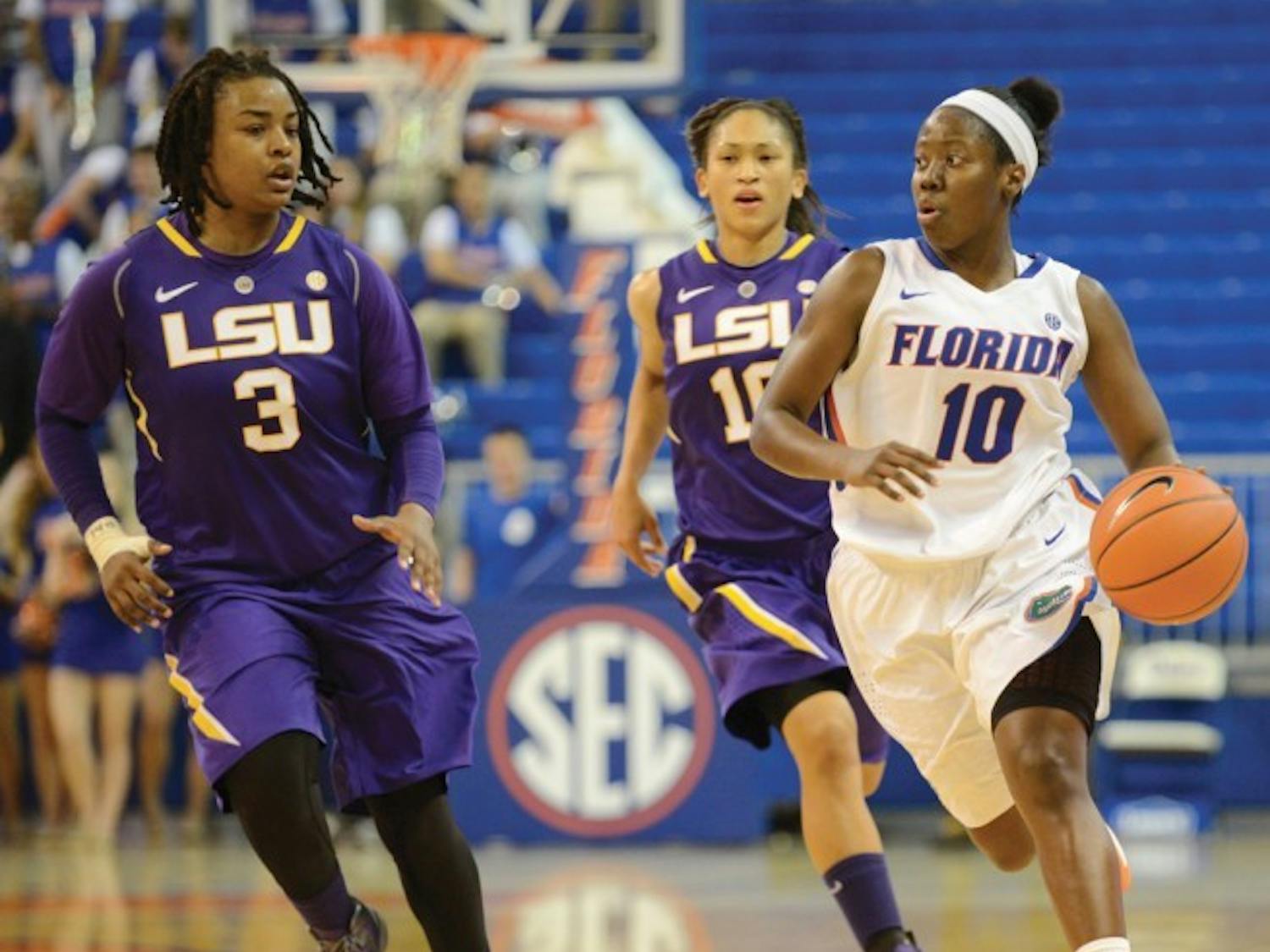 Point guard Jaterra Bonds (10) runs the floor during Florida's 77-72 win against LSU on Jan. 6 in the O'Connell Center.&nbsp;