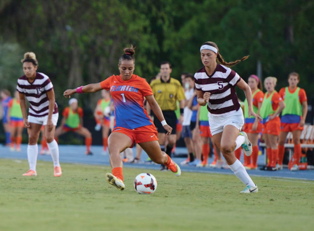 <p>Lauren Silver kicks the ball during Florida’s 2-0 victory against Minnesota on Sept. 13 at James G. Pressly Stadium.</p>