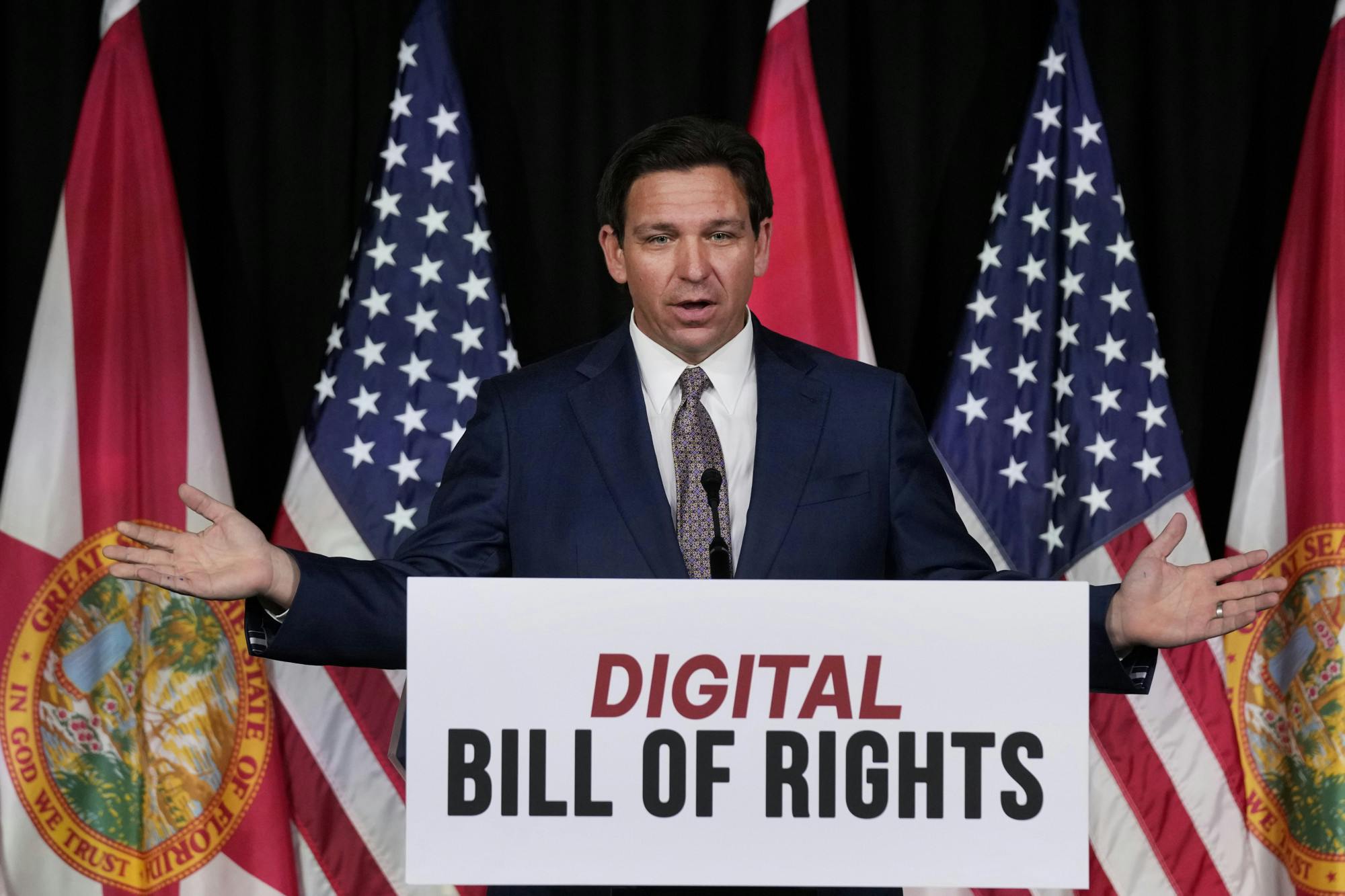 Florida Gov. Ron DeSantis speaks as he announces a proposal for Digital Bill of Rights, Wednesday, Feb. 15, 2023, at Palm Beach Atlantic University in West Palm Beach, Fla. (AP Photo/Wilfredo Lee)