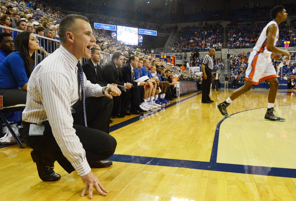 <p>Billy Donovan calls out a play during Florida's win against Auburn on Thursday in the O'Connell Center.</p>