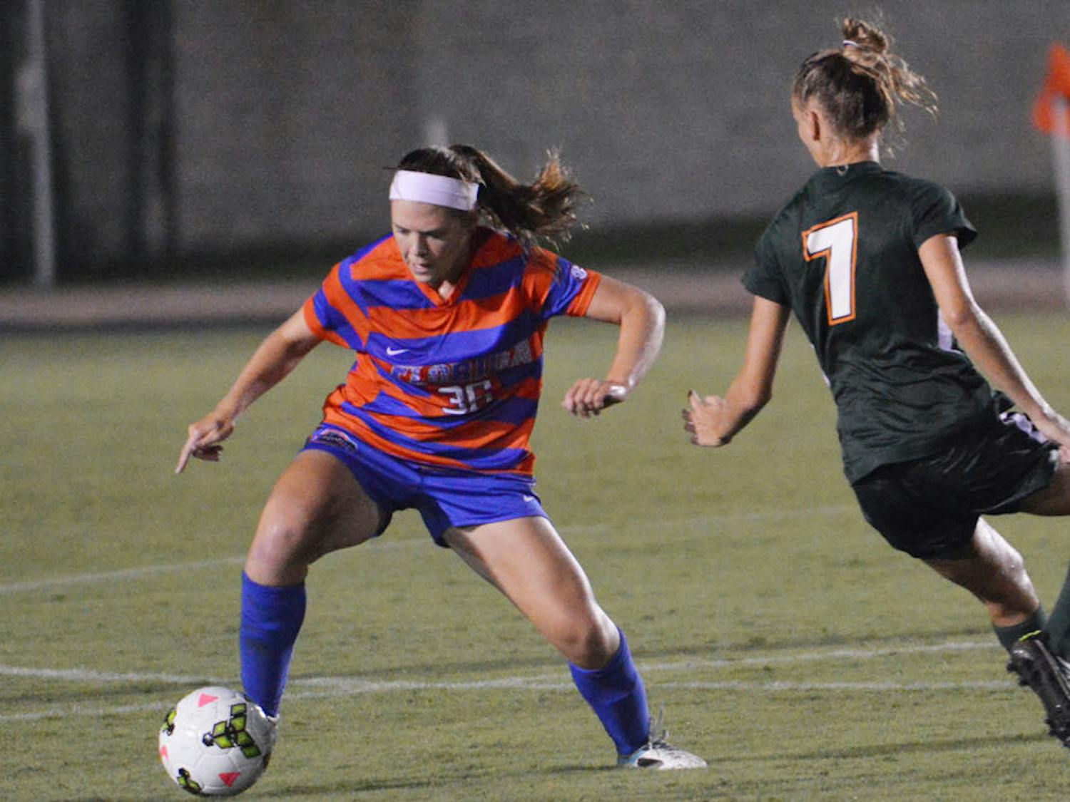Betsy Middleton (36) dribbles the ball during Florida's 3-0 win against Miami on Aug. 22 at James G. Pressly Stadium.