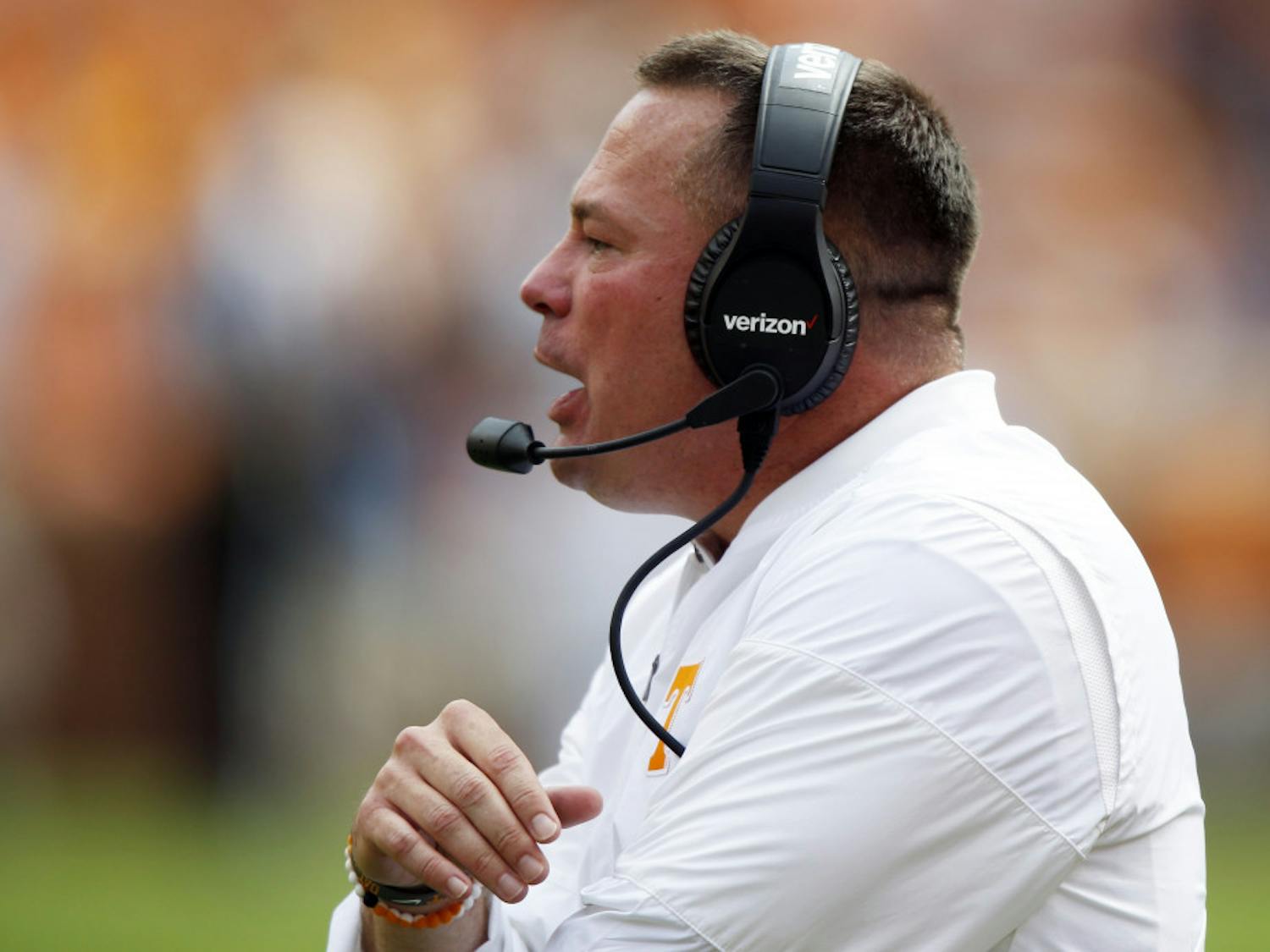 Tennessee head coach Butch Jones yells to a players in the first half of an NCAA college football game against South Carolina, Saturday, Oct. 14, 2017, in Knoxville, Tenn. (AP Photo/Wade Payne)
