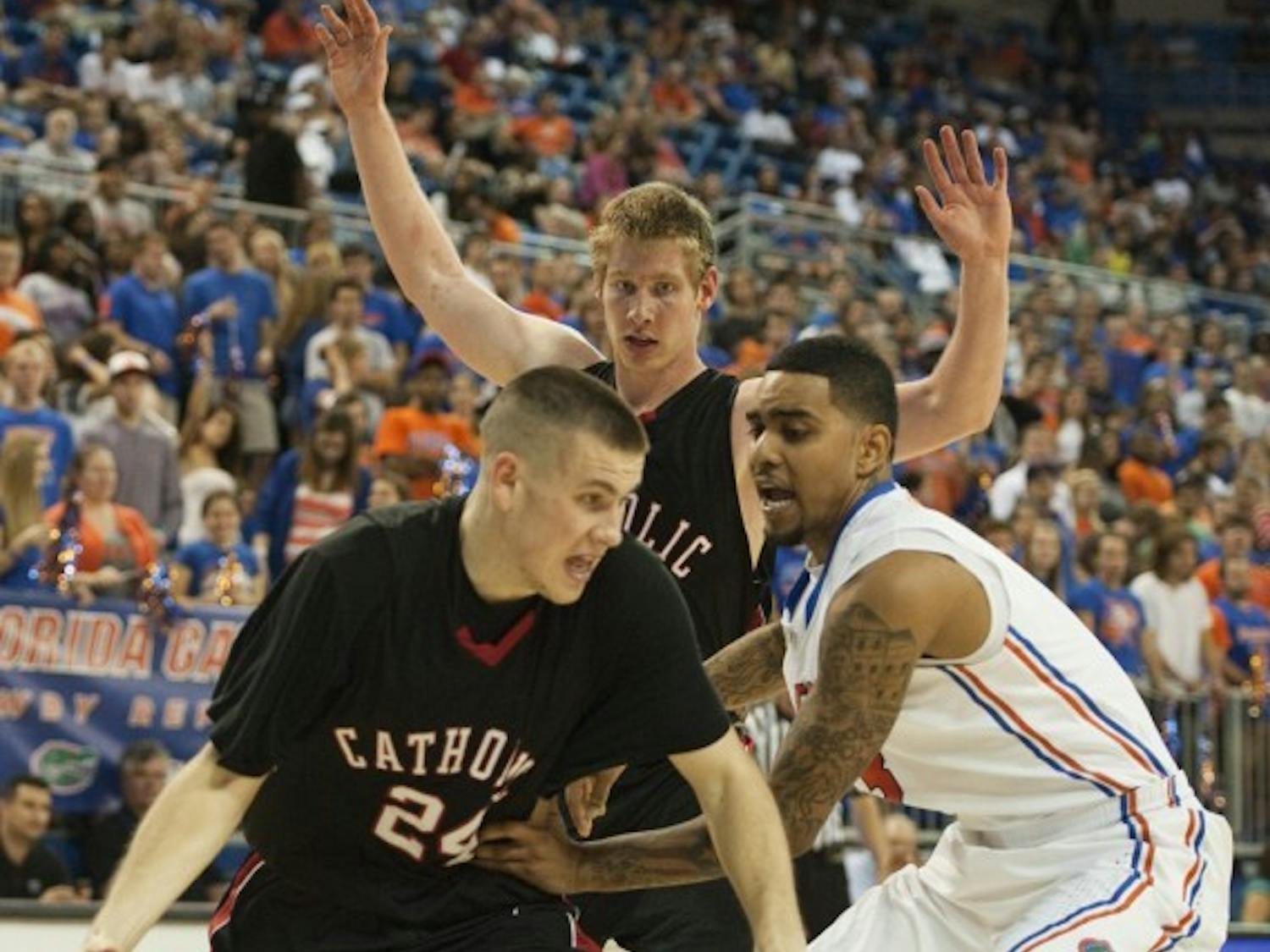 Billy Donovan Jr. (24) is transferring to UF from Catholic University. He played in an exhibition in the Stephen C. O'Connell Center on Nov. 3.