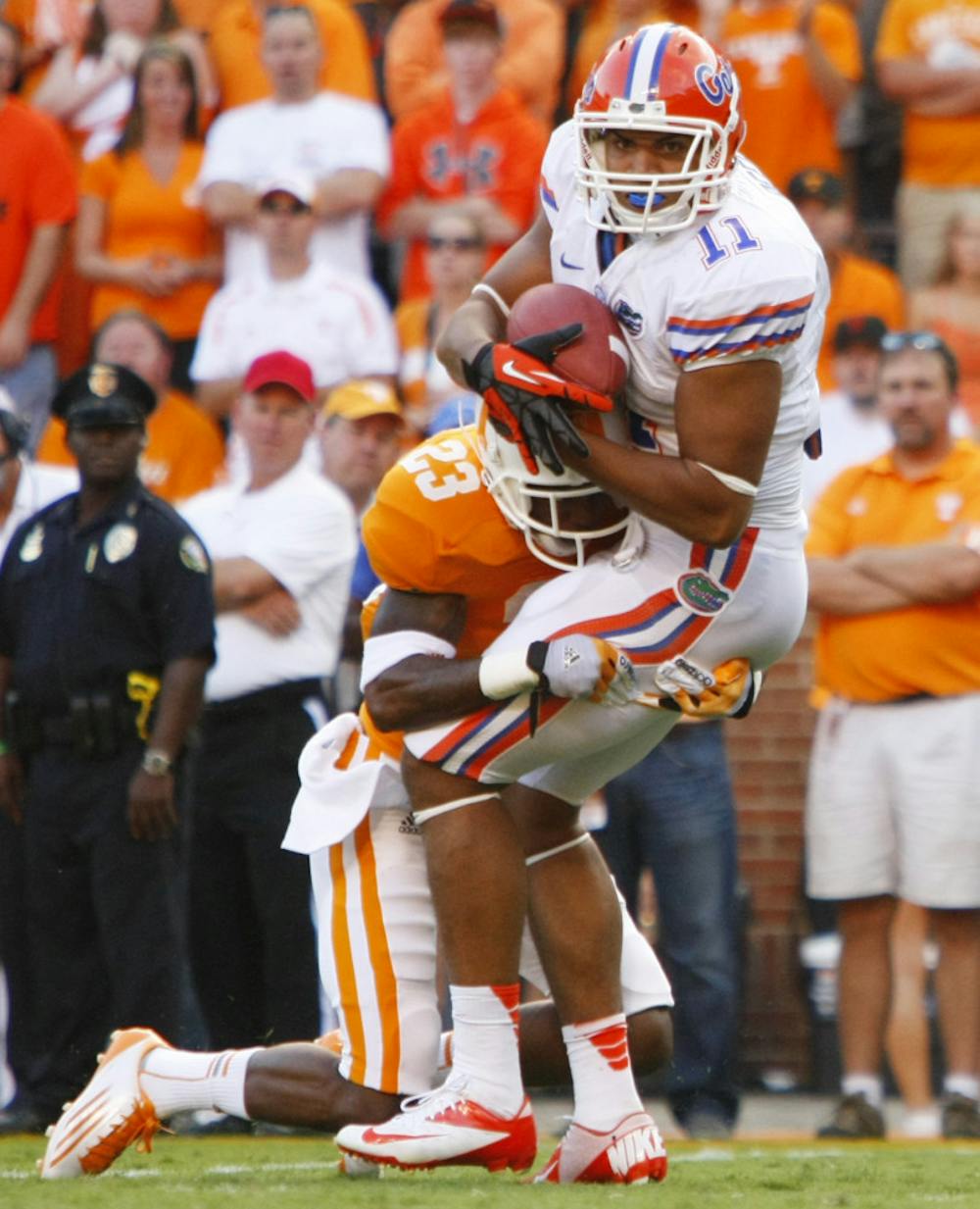 <p>Jordan Reed (11) has improved his blocking and receiving abilities during his second season as a full-time tight end. The junior leads Florida with 16 catches in 2012. </p>