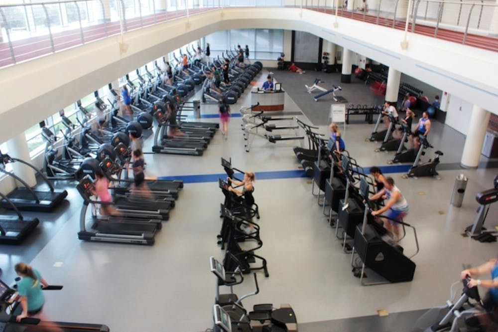 <p>Students work out in Southwest Recreational Center on Thursday afternoon. The gym was one of nine recognized by the National Intramural-Recreational Sports Association as an outstanding sports facility.</p>